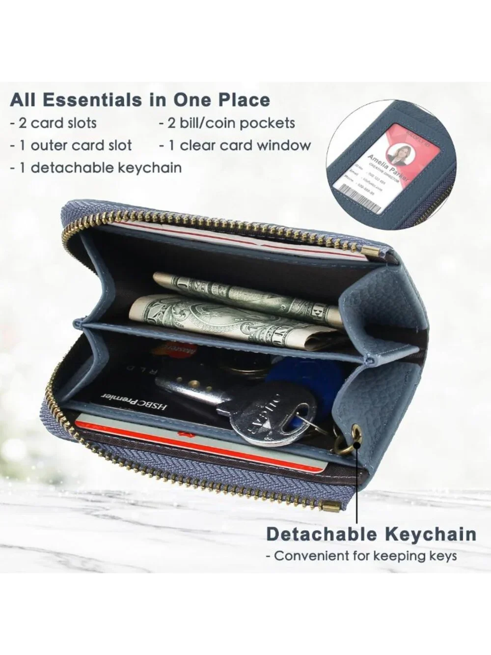 Genuine Leather Card Holder Wallet with Keychain & Cable Organizer - Stylish